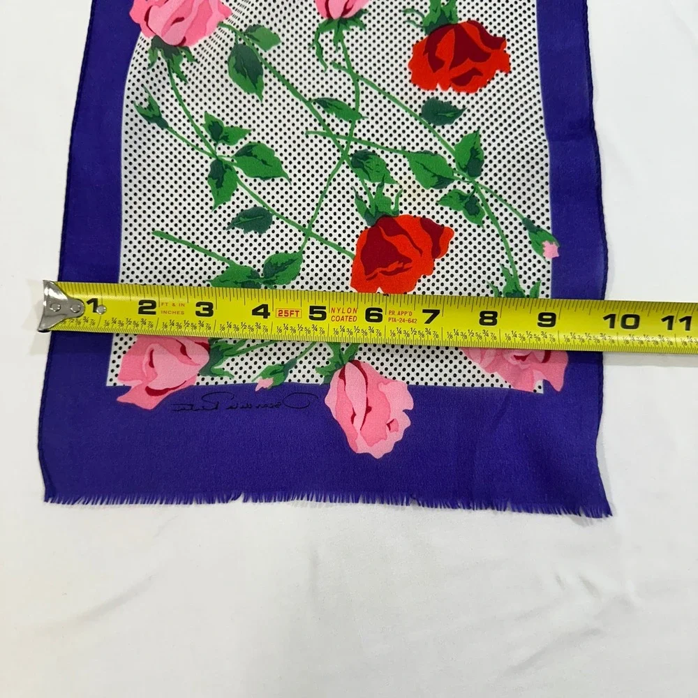 Oscar de la Renta Silk Scarf Floral Rose Polka Dot Purple Border Made in Japan